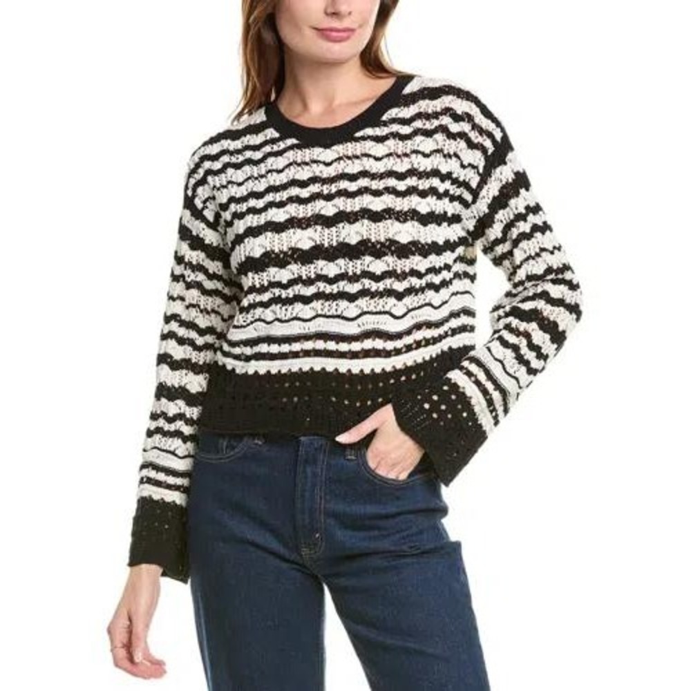 Laundry Shelli Segal Black Cream Striped Crochet Knit Sweater Super Soft XL